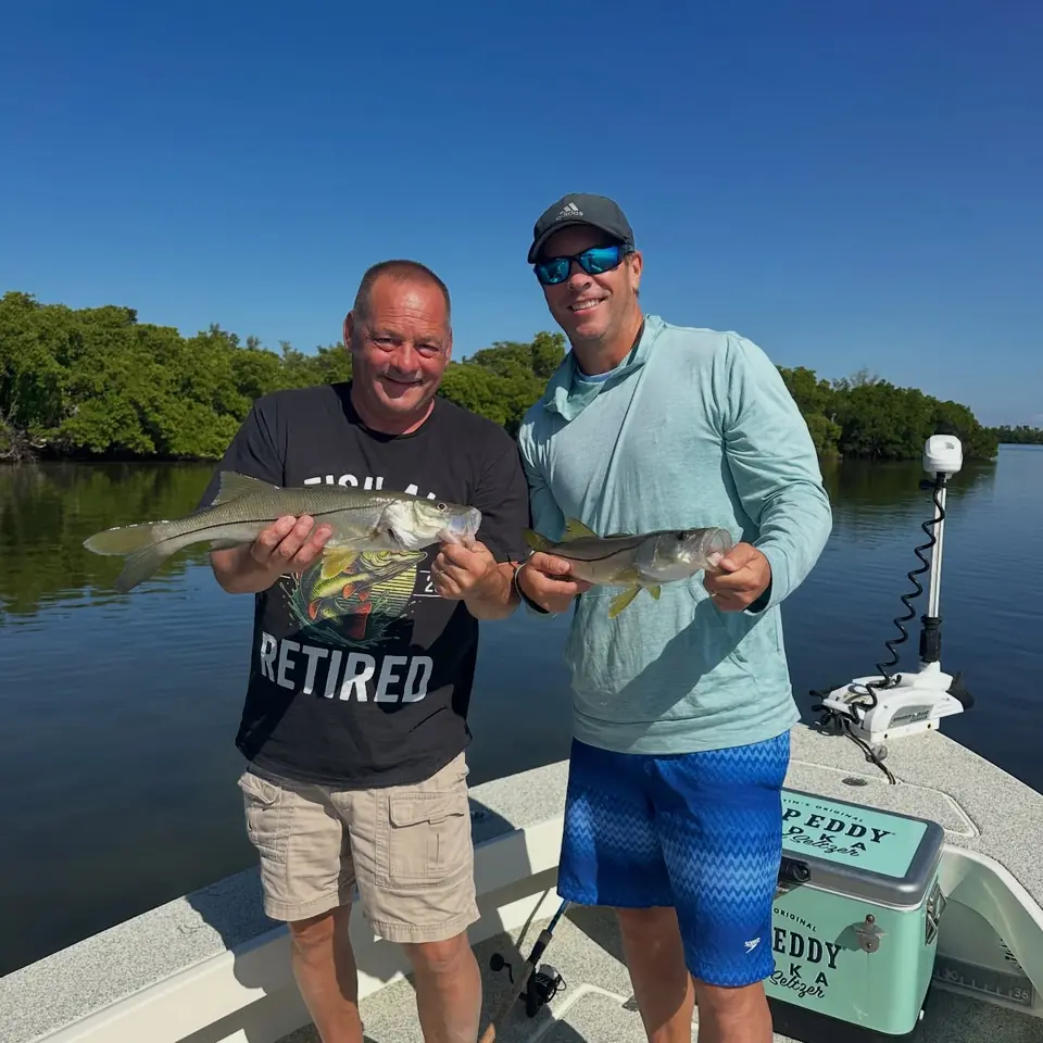 Two anglers holding snook caught inshore in Tampa Bay with Big Daddy Sportfishing.