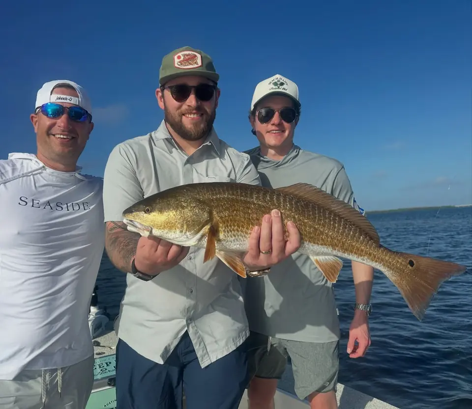 Three anglers on a Big Daddy Sportfishing charter with a redfish caught in Tampa Bay.