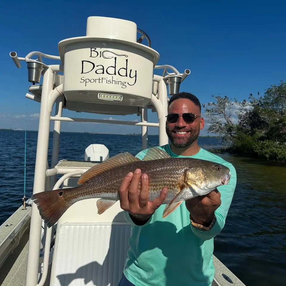 Angler holding a redfish aboard the Big Daddy Sportfishing boat in St. Petersburg, Florida