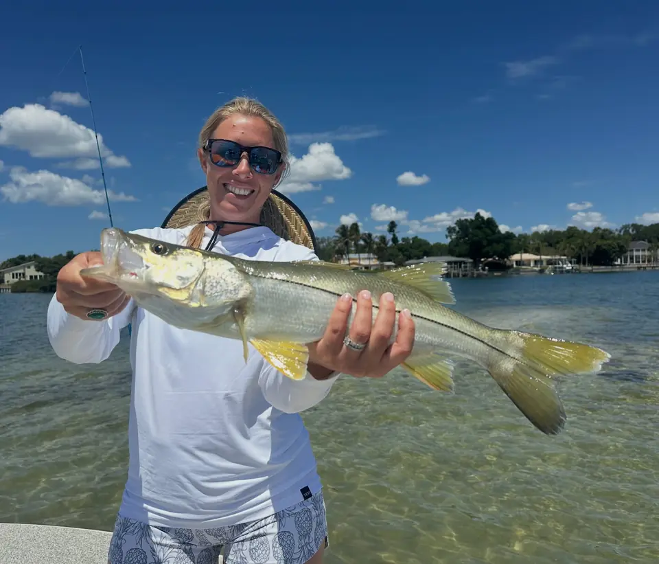 Woman holding a snook caught on an inshore fishing charter in Tampa Bay with Big Daddy Sportfishing.